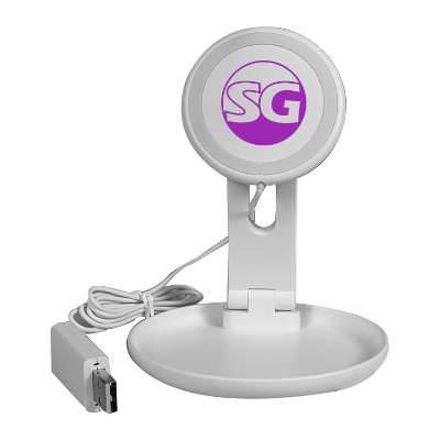 White plastic wireless charger with a custom logo.