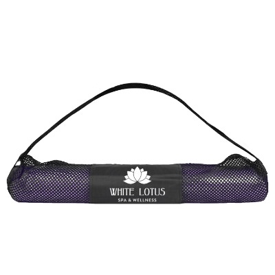 Purple yoga mat with imprinted carrying bag.