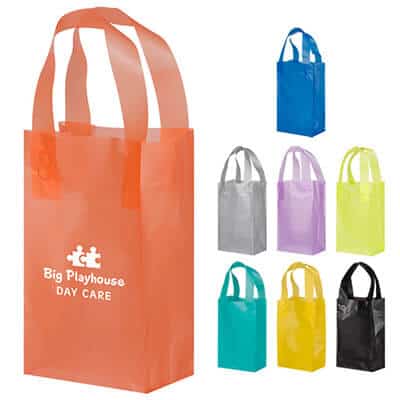 Plastic tangerine colored frosted shopper bag with custom imprint.
