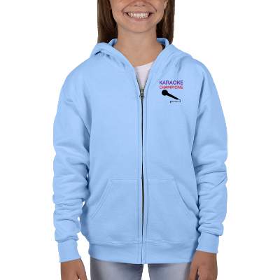 Blue personalized zip up youth full color sweatshirt.
