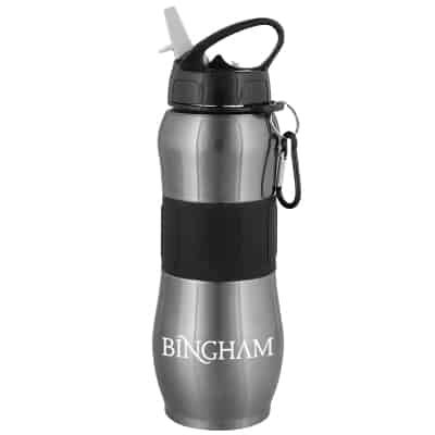 Stainless steel charcoal gray water bottle with custom branding in 28 ounces.