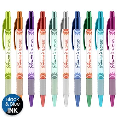 Full-color plastic pen with custom logo.