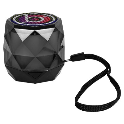 Black plastic speaker with a personalized imprint.