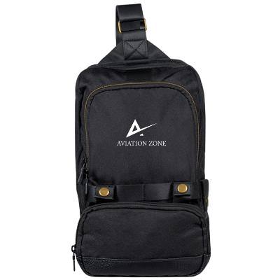 Black sling bag with custom logo.