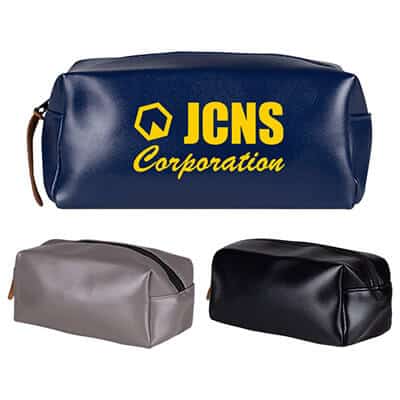 Plastic navy travel toiletry bag with branded logo.