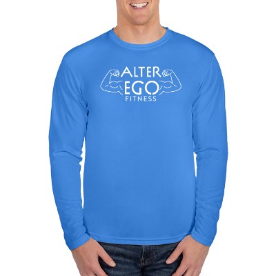 Electric blue long sleeve t-shirt with logo.
