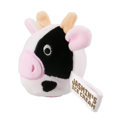 Black with white plush stress buster with a custom imprint.