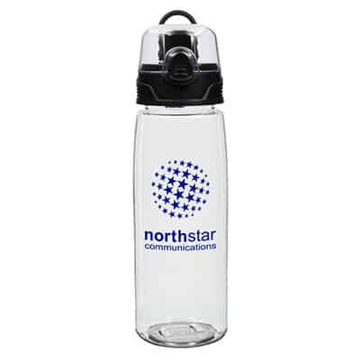Plastic clear water bottle with custom print in 25 ounces.