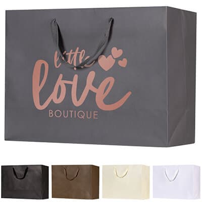 Kraft paper charcoal 16 inch eurotote with handles and foil stamping.