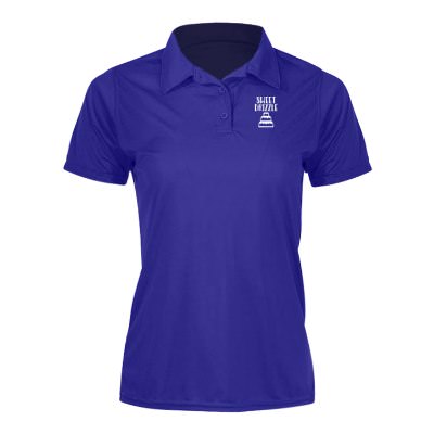 Purple women's polo with personalized imprint.
