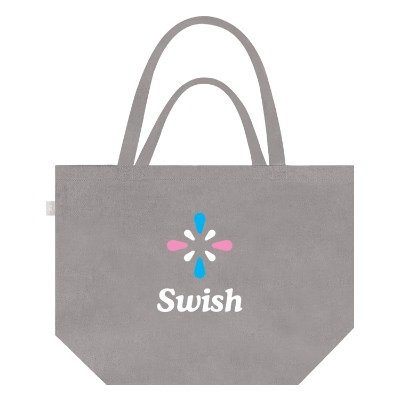 Gray recycled cotton tote bag with custom full-color logo.