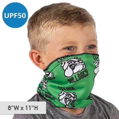 Poleyster microfiber green youth neck gaiter with full-color school logo.
