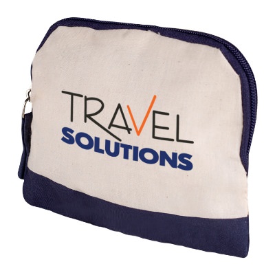 Cotton navy accent accessory bag with customized full color imprint.