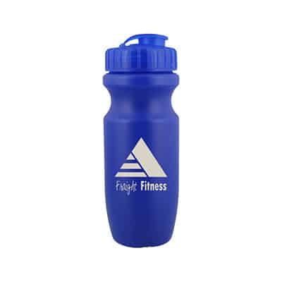 Plastic blue water bottle with custom design and flip top lid in 20 ounces.