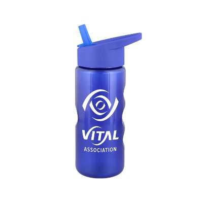 Plastic metallic blue water bottle with flip straw lid and custom branding in 22 ounces.