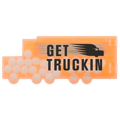 Personlized translucent orange semi truck shaped pick and mints.