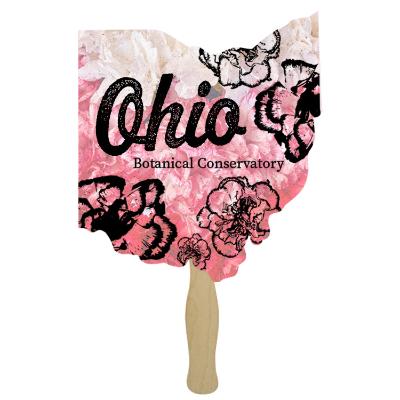 Paper white hand fan with a personalized imprint.