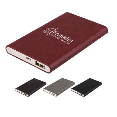 Faux leather red power bank with imprinted logo.