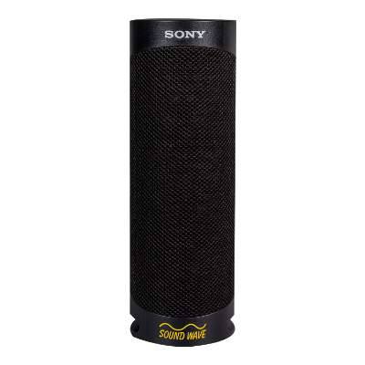 Black plastic speaker with a personalized logo.