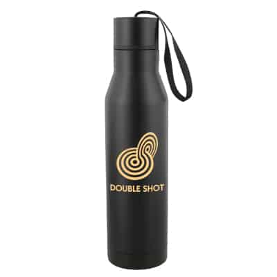 Stainless steel black water bottle with custom branding in 18 ounces.