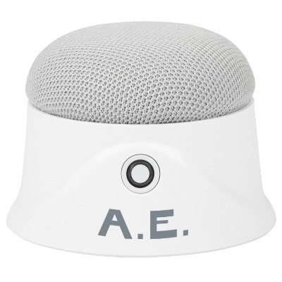 White plastic speaker with a personalized logo.