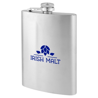 Stainless steel flask with custom imprint in 9 ounces.