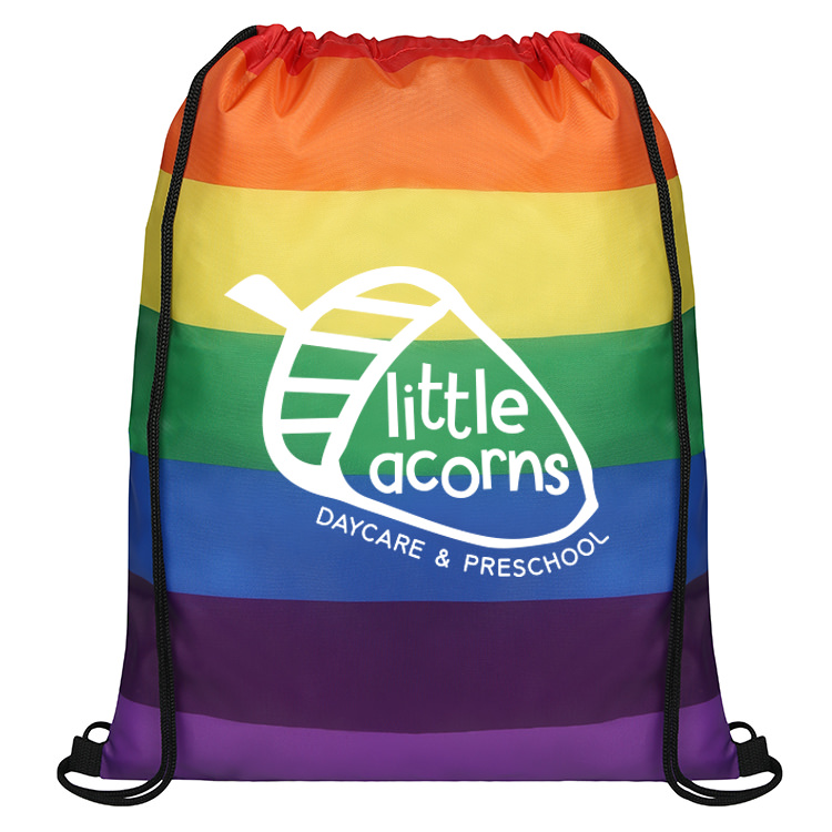 Polyester rainbow drawstring bag with custom logo.