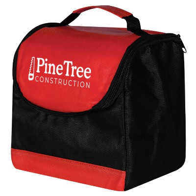 Red polypropylene lunch cooler bag with custom logo.