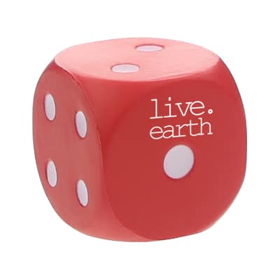 Foam dice stress ball with a printed logo.