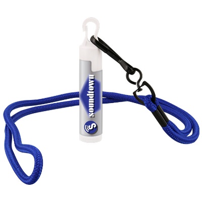 Plastic blue SPF 15 lip balm with lanyard with full color logo.