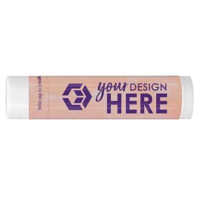 Tan background business lip balm with a customized logo.