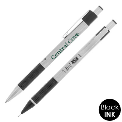 Silver with black writing set with custom imprinted logo.