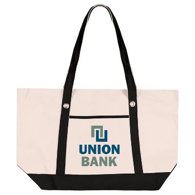 Cotton canvas black large sailor tote with promotional full color logo.