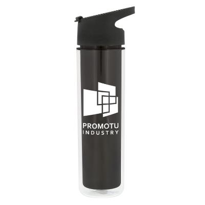 Plastic purple water bottle with pop up sip lid and custom logo in 16 ounces.