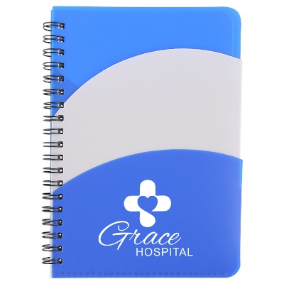Branded blue notebook with two front cover pockets.