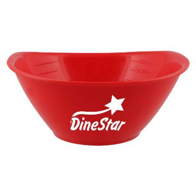 Red portion bowl with personalized printed logo.