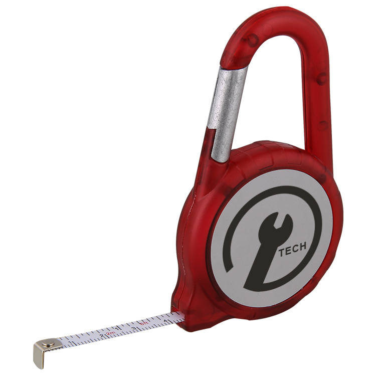 Metal and plastic translucent red with silver tape measure carabiner with logo.