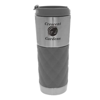 Gray quilted tumbler with logo.