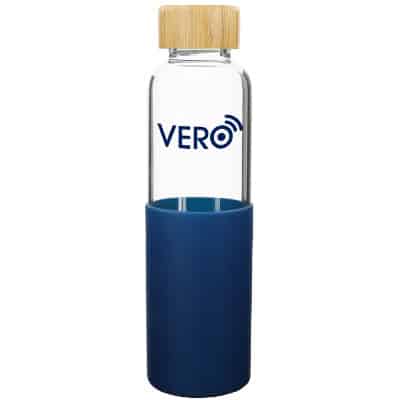 Glass navy blue water bottle with custom business logo in 18 ounces.