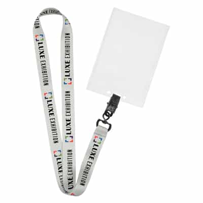 3/4 inch satin polyester full-color custom design lanyard with swivel clip and vertical ID holder.