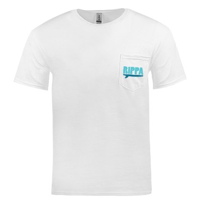 Personalized full color white pocket t-shirt.