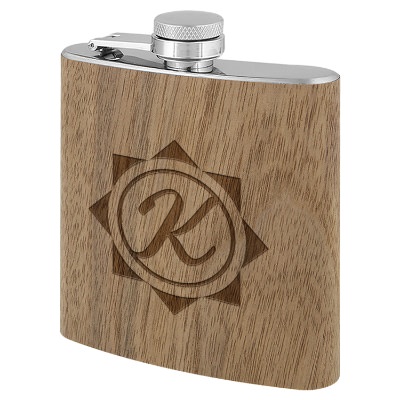 Wood tone flask with custom engraved logo in 6 ounces.