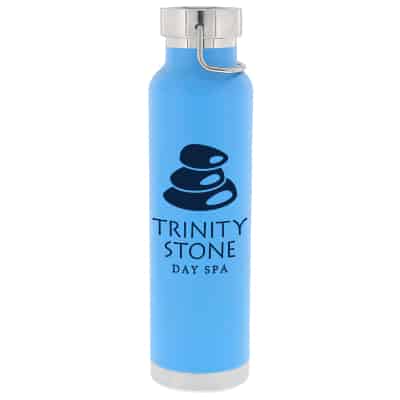 Copper blue water bottle with custom imprint in 22 ounces.