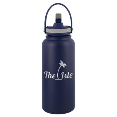 Navy blue stainless bottle with engraved logo.