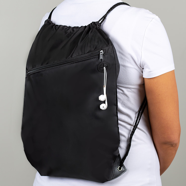 Polyester drawstring bag with zippered pocket and reinforced corners.