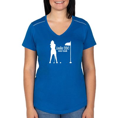 Ladies bolt blue v neck t-shirt with personalized logo.