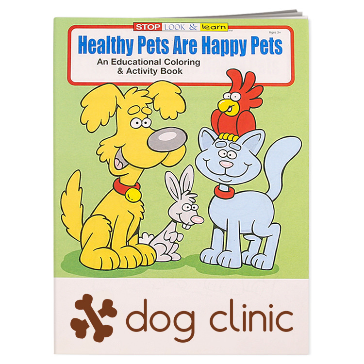 Paper healthy pets coloring book with promotional logo.