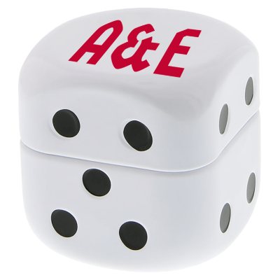 White customized micromints roll the dice tin.