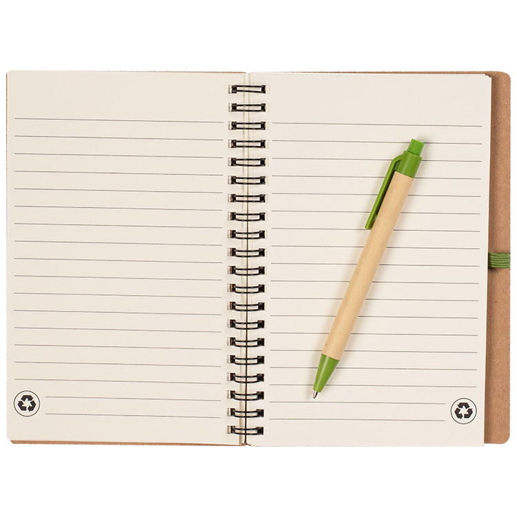 Blank recycled cardboard notebook with pen.