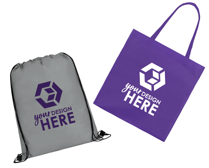 Best promotional bags - gray drawstring bag with purple imprint and purple tote bag with white imprint